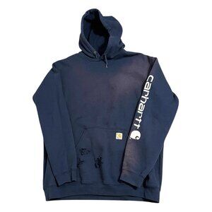 Carhartt Hoodie Spell Out Distressed Faded Blue Adult Size XL Tall Loose Fit